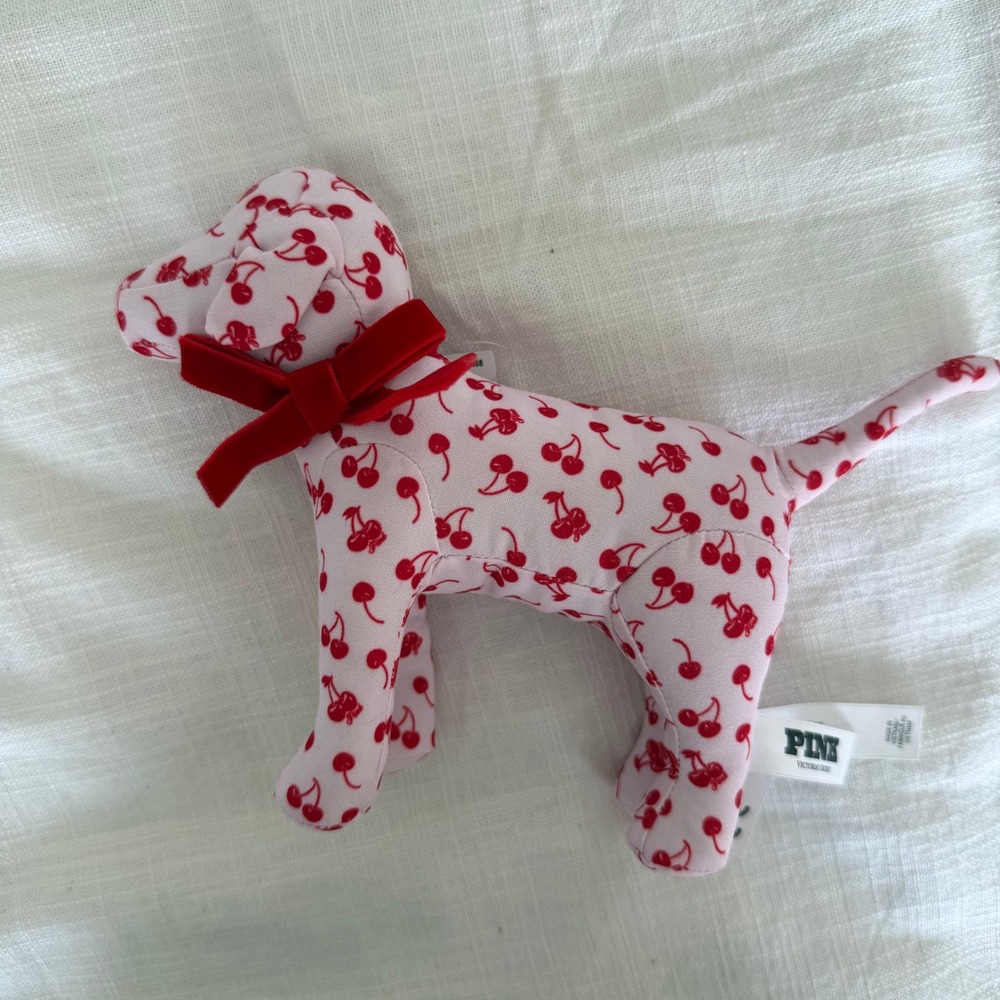 Victoria's Secretâ PINK Plush Dog Cherry Print Red Velvet Bow NWT 27160245